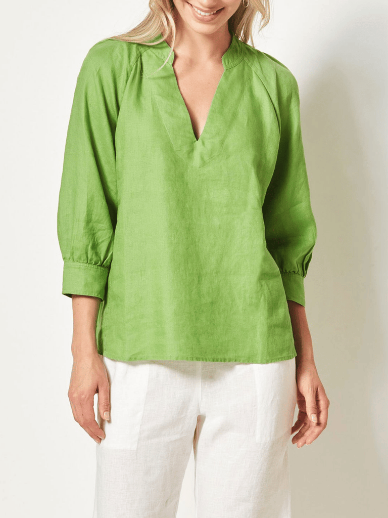 VERGE Linen V Neck Lola Top in Lime Green 8654 Verge Stockist Online Australia Signature of Double Bay Mature Fashion Acrobat Flattering