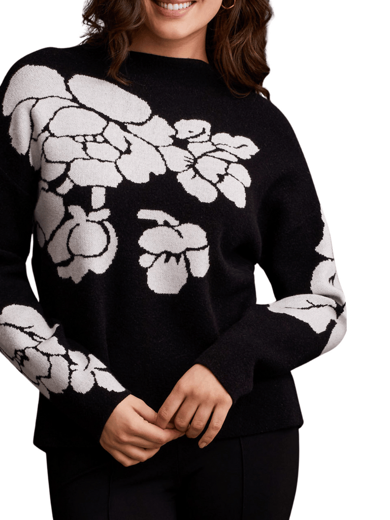 TRIBAL FASHION CANADA Long Sleeve Funnel Neck Sweater in Black and White Floral 15420 Official Tribal Fashion Canada Stockist Sydney Australia Online Buy Signature of Double Bay