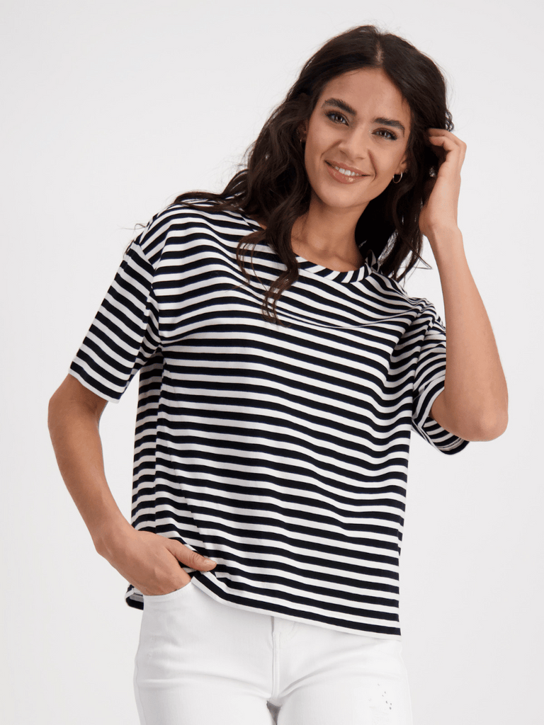 Monari Short Sleeve Tee in Black and White Narrow Stripe Discover the Elegant Monari Collection at Signature of Double Bay, Shop Stylish Knitwear, Dresses, and Tops Online from Sydney's Premier Mature Fashion Boutique