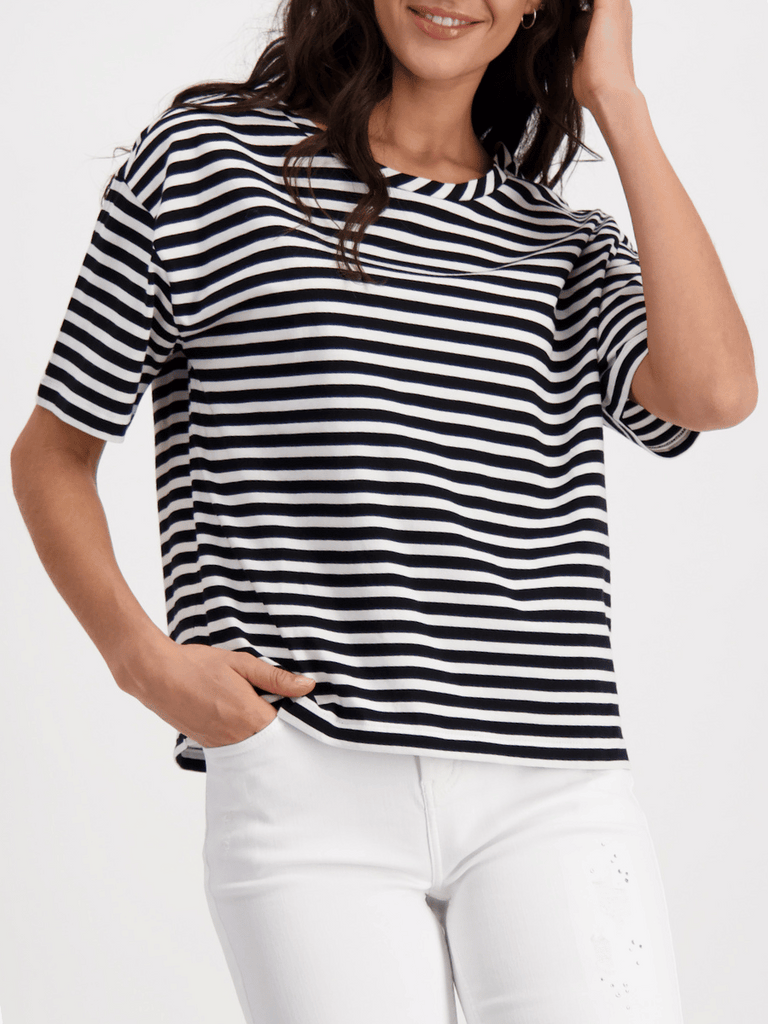 Monari Short Sleeve Tee in Black and White Narrow Stripe Discover the Elegant Monari Collection at Signature of Double Bay, Shop Stylish Knitwear, Dresses, and Tops Online from Sydney's Premier Mature Fashion Boutique