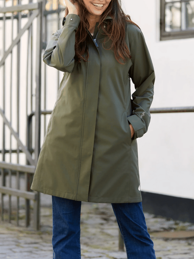 Regn Raincoats Grace Raincoat in Olive Regn women's raincoats blend functional and stylish elegant high-quality rainwear buy online signature of double bay official stockist sydney australia