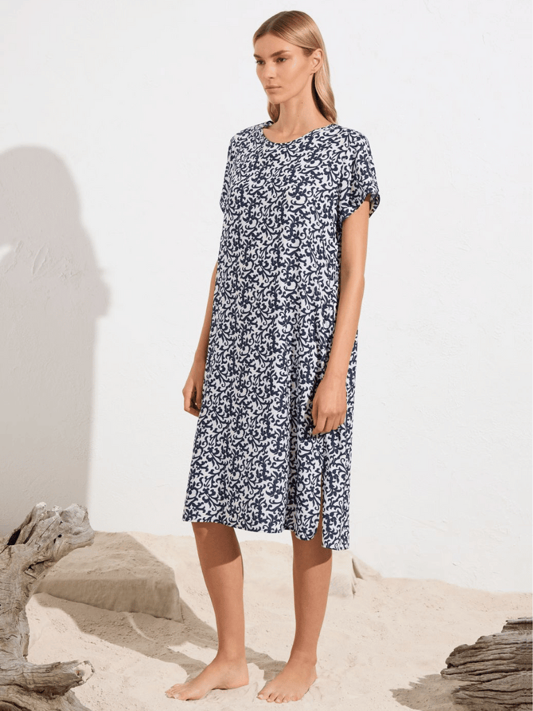 Mela Purdie Transit T Dress in Navy and White Quill Print Stretch Charmeuse Mela Purdie Stockist Online Australia Signature of Double Bay Tops Dresses Elegant Clothing