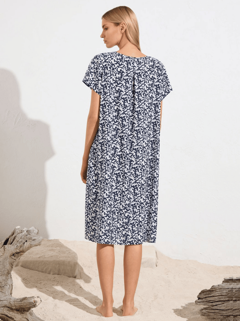 Mela Purdie Transit T Dress in Navy and White Quill Print Stretch Charmeuse Mela Purdie Stockist Online Australia Signature of Double Bay Tops Dresses Elegant Clothing