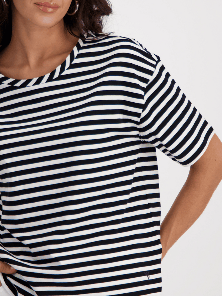 Monari Short Sleeve Tee in Black and White Narrow Stripe Discover the Elegant Monari Collection at Signature of Double Bay, Shop Stylish Knitwear, Dresses, and Tops Online from Sydney's Premier Mature Fashion Boutique