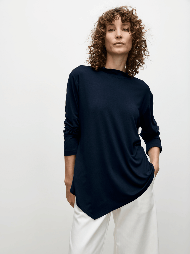 Mela Purdie Eclipse Asymmetrical Hem Sweater in French Navy 8651 Buy Mela Purdie Stockist Australia Online Signature of Double Bay Matte Jersey Blouses professional