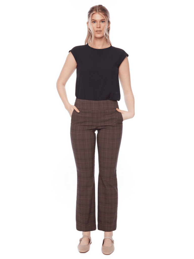 UP! PANTS 32" Tummy Control Vinlee Plaid Techno Bootcut Pant Up Pants Tummy control stockist online Australia flattering body contouring shaping pants high rise waistband signature of double bay Sydney fashion