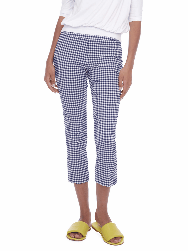 Up! Pants Tummy Control Slim Cropped Cuffed Pant 25” in Blue Gingham 68102 Up Pants Tummy control stockist online Australia flattering body contouring shaping pants high rise waistband signature of double bay Sydney fashion