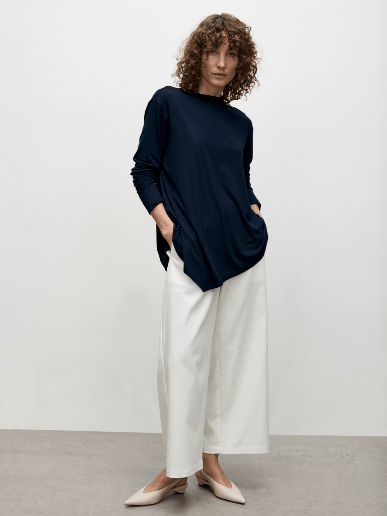 Mela Purdie Eclipse Asymmetrical Hem Sweater in French Navy 8651 Buy Mela Purdie Stockist Australia Online Signature of Double Bay Matte Jersey Blouses professional