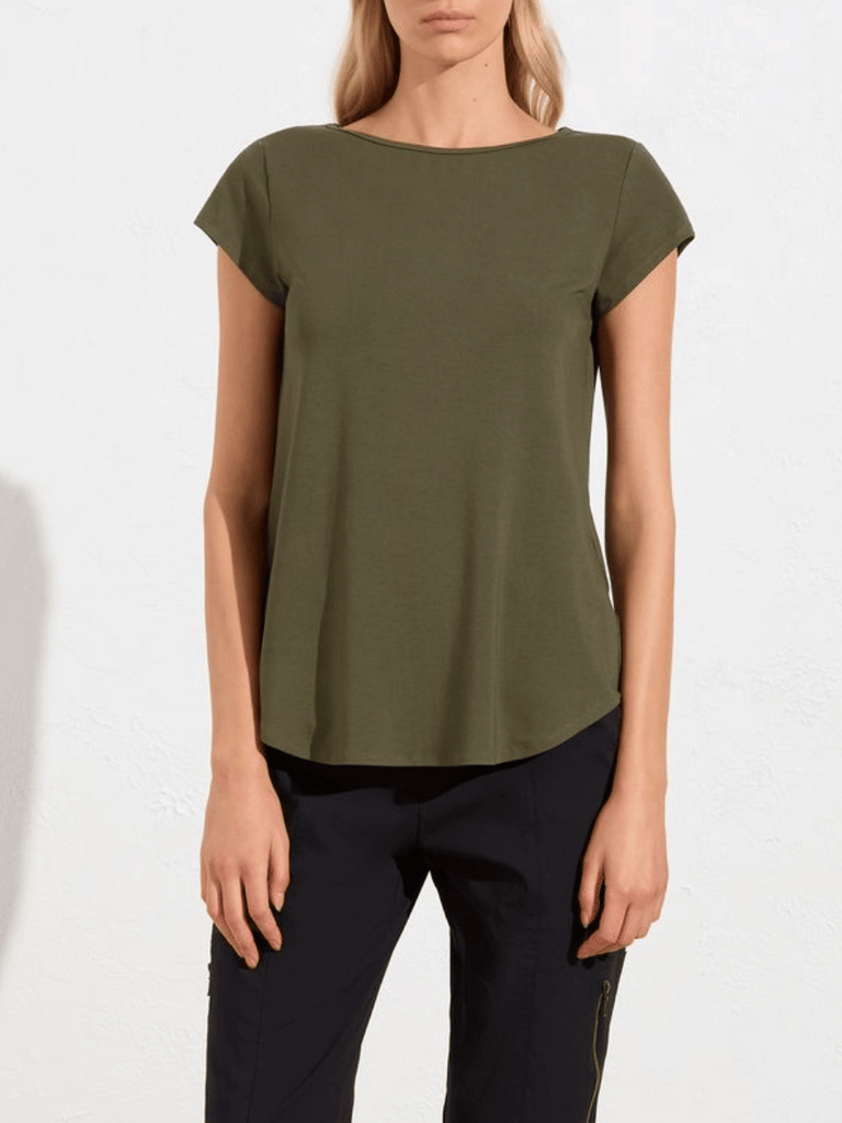 Mela Purdie V Neck Cap Sleeve Cafe T in Zulu Olive Green 2135 Mela Purdie Stockist Online Australia Signature of Double Bay Tops Dresses Elegant Clothing