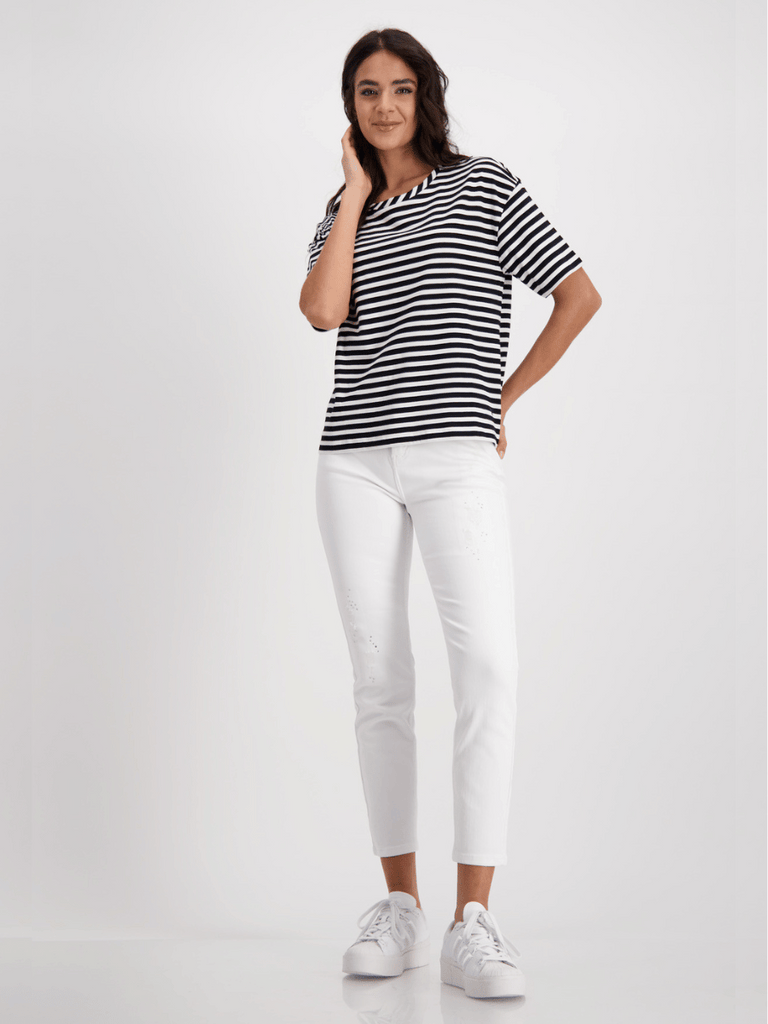 Monari Short Sleeve Tee in Black and White Narrow Stripe Discover the Elegant Monari Collection at Signature of Double Bay, Shop Stylish Knitwear, Dresses, and Tops Online from Sydney's Premier Mature Fashion Boutique