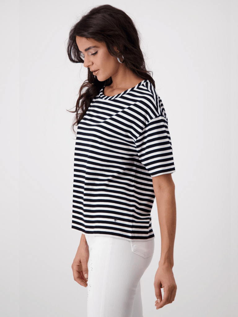 Monari Short Sleeve Tee in Black and White Narrow Stripe Discover the Elegant Monari Collection at Signature of Double Bay, Shop Stylish Knitwear, Dresses, and Tops Online from Sydney's Premier Mature Fashion Boutique