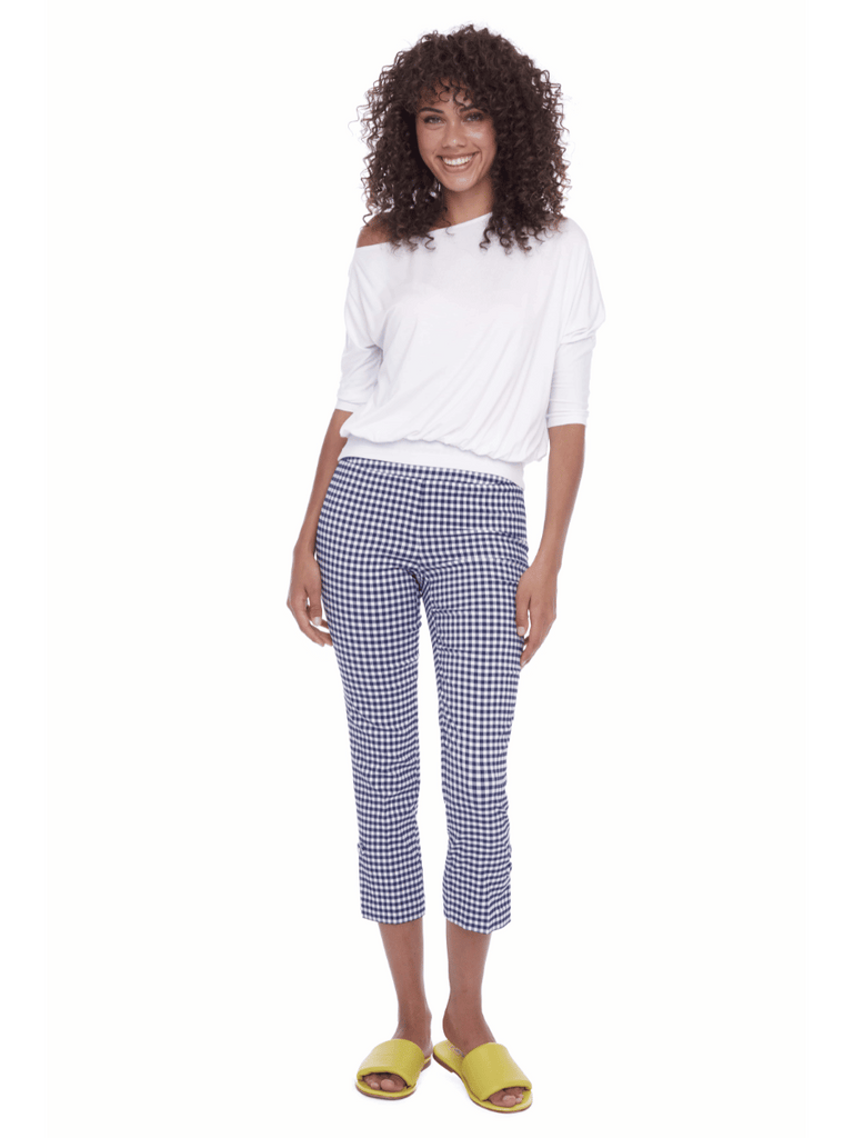 Up! Pants Tummy Control Slim Cropped Cuffed Pant 25” in Blue Gingham 68102 Up Pants Tummy control stockist online Australia flattering body contouring shaping pants high rise waistband signature of double bay Sydney fashion