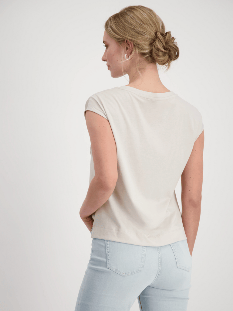 Monari Cap Sleeve Bling Tee in Light Sand Discover the Elegant Monari Collection at Signature of Double Bay, Shop Stylish Knitwear, Dresses, and Tops Online from Sydney's Premier Mature Fashion Boutique