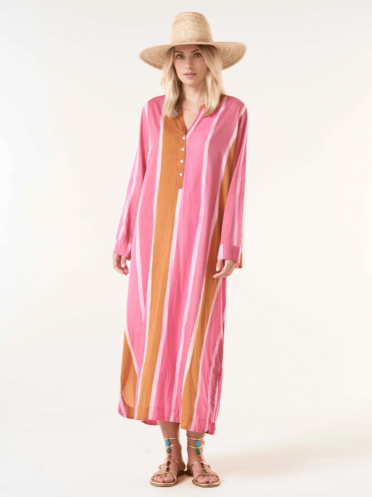 Oneseason Bazaar Stripe Maxi Dress in Moroccan Pink 7046 Oneseason One Season lightweight and stylish resort wear Australian fashion label official stockist Signature of Double Bay