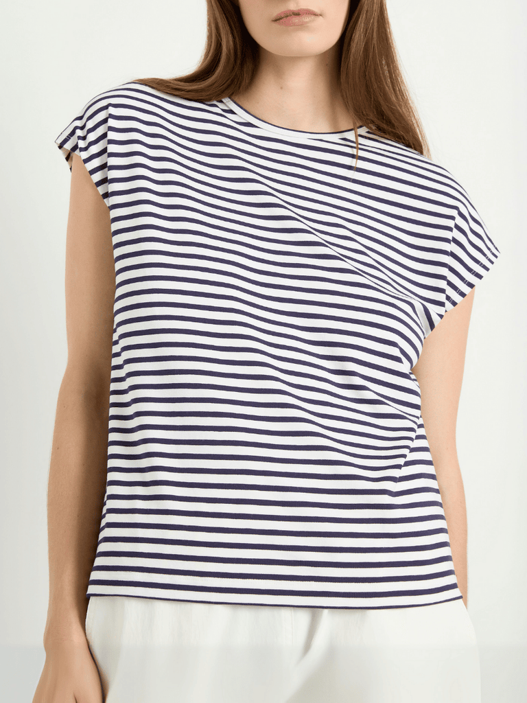 Mela Purdie Slim Shell Top in Sapphire and White Stripe 8498 Mela Purdie Stockist Online Australia Signature of Double Bay Tops Dresses Elegant Clothing