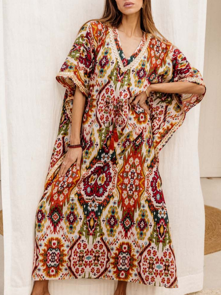 I Am Pylgrym Amaru Kaftan Dress in Moon Beam Ikat I Am Pylgrym pilgrim official stockist sydney online Signature of Double Bay in stock womens bohemian coastal clothing bold prints kaftans long dresses