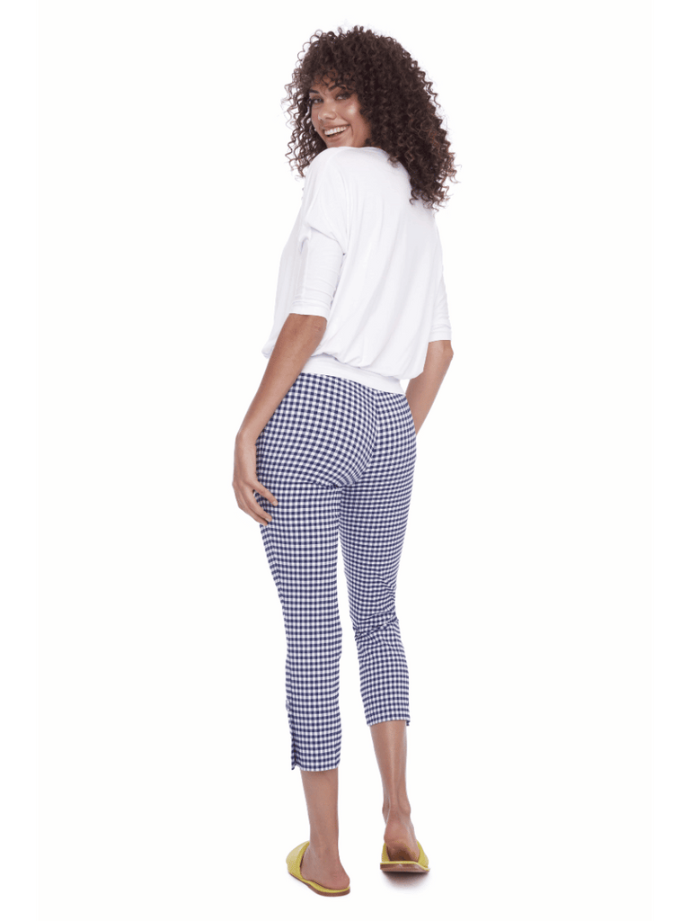 Up! Pants Tummy Control Slim Cropped Cuffed Pant 25” in Blue Gingham 68102 Up Pants Tummy control stockist online Australia flattering body contouring shaping pants high rise waistband signature of double bay Sydney fashion