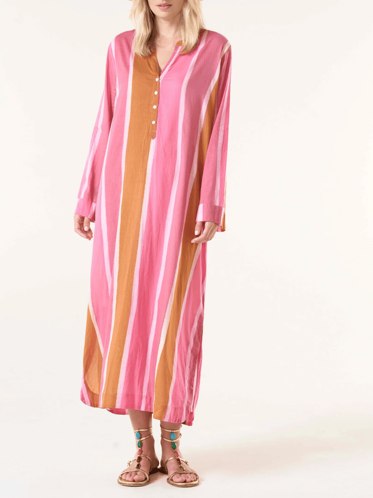 Oneseason Bazaar Stripe Maxi Dress in Moroccan Pink 7046 Oneseason One Season lightweight and stylish resort wear Australian fashion label official stockist Signature of Double Bay