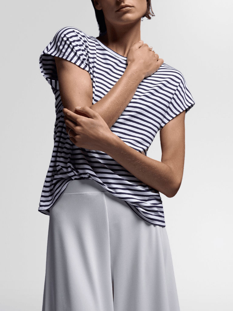 Mela Purdie Slim Shell Top in Sapphire and White Stripe 8498 Mela Purdie Stockist Online Australia Signature of Double Bay Tops Dresses Elegant Clothing