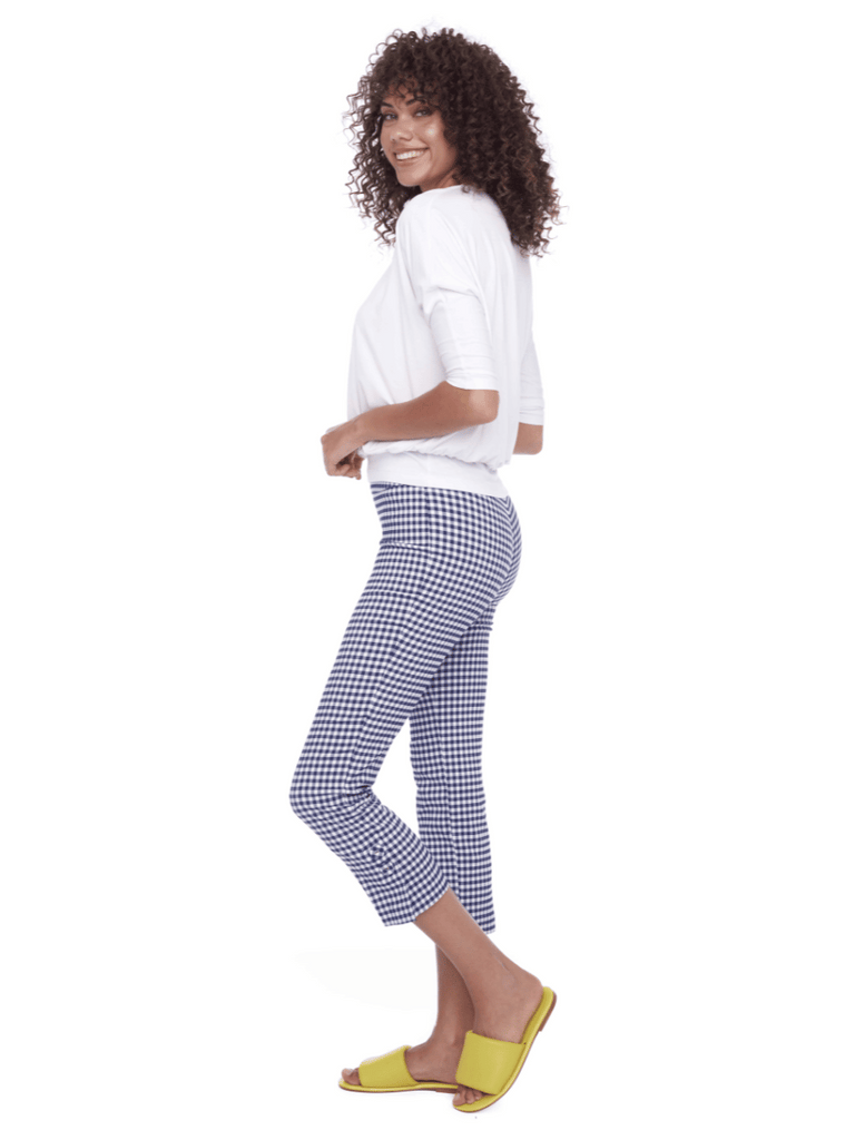 Up! Pants Tummy Control Slim Cropped Cuffed Pant 25” in Blue Gingham 68102 Up Pants Tummy control stockist online Australia flattering body contouring shaping pants high rise waistband signature of double bay Sydney fashion