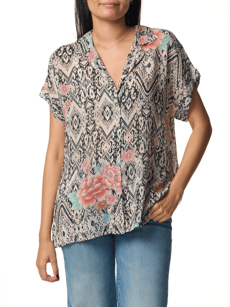 Johnny Was Short Sleeve Laiya Button Up Blouse in Azzie Flower Print C17124A6 Shop Johnny Was Stockist Sydney Australia Boho Chic Clothing, Embroidered Dresses, and Unique Tops at Signature of Double Bay