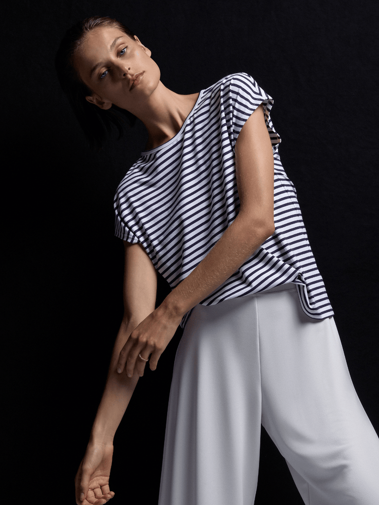 Mela Purdie Slim Shell Top in Sapphire and White Stripe 8498 Mela Purdie Stockist Online Australia Signature of Double Bay Tops Dresses Elegant Clothing