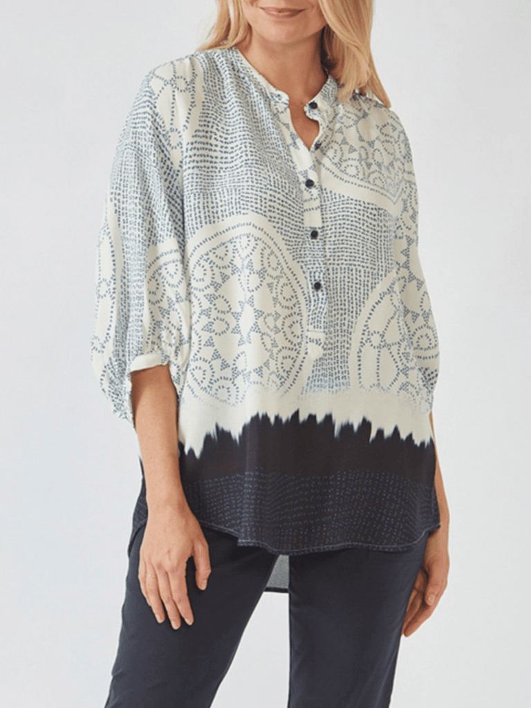 VERGE Coya Print Blouse in Blue 9523 Verge Stockist Online Australia Signature of Double Bay Mature Fashion Acrobat Flattering