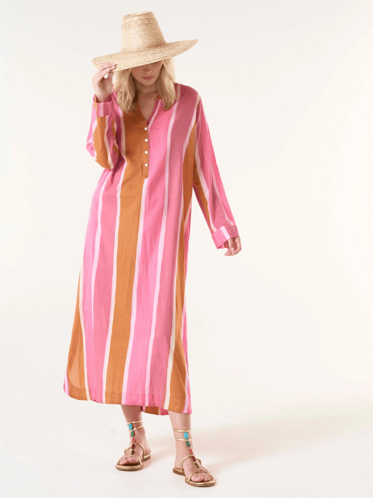 Oneseason Bazaar Stripe Maxi Dress in Moroccan Pink 7046 Oneseason One Season lightweight and stylish resort wear Australian fashion label official stockist Signature of Double Bay