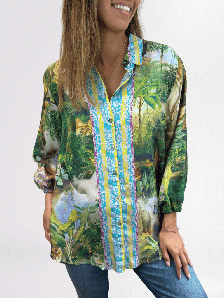 Johnny Was Isolah Button Down Shirt in Rawi Jungle Print Shop Johnny Was Stockist Sydney Australia Boho Chic Clothing, Embroidered Dresses, and Unique Tops at Signature of Double Bay