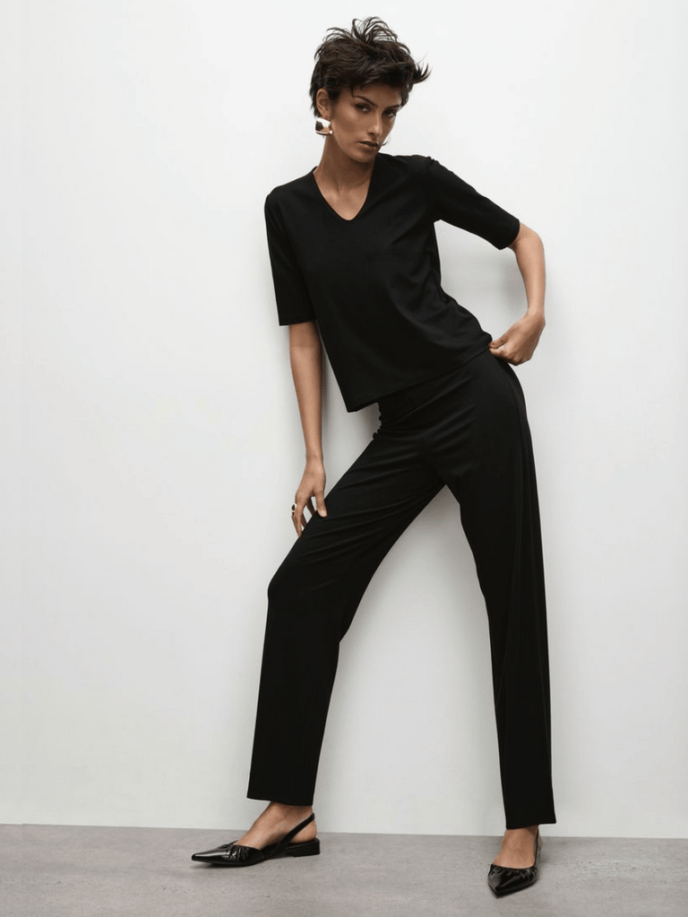 Mela Purdie Long Pant in Black Classic Straight Leg Elastic Waist travel pant with pockets Mela Purdie Stockist Online Australia Signature of Double Bay Tops Dresses Elegant Clothing