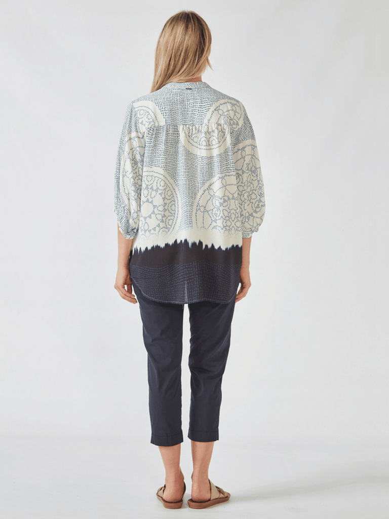 VERGE Coya Print Blouse in Blue 9523 Verge Stockist Online Australia Signature of Double Bay Mature Fashion Acrobat Flattering