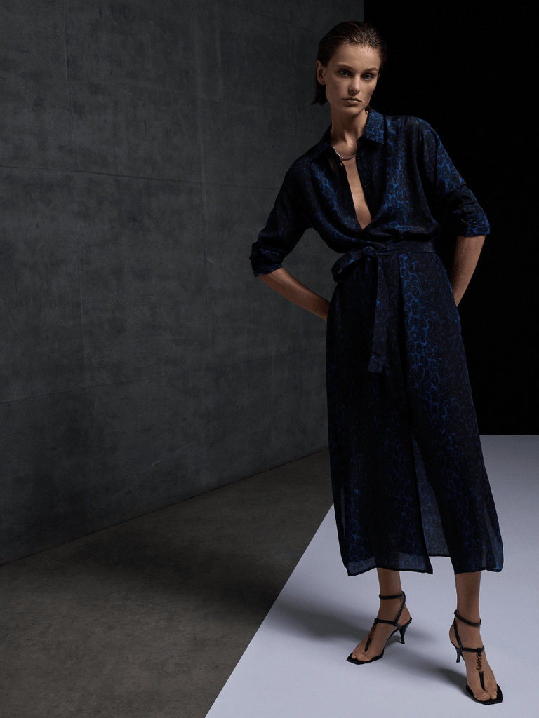 Mela Purdie Tie Shirt Dress in Sapphire Leopard Print Silk 3285 Mela Purdie Stockist Online Australia Signature of Double Bay Tops Dresses Elegant Clothing