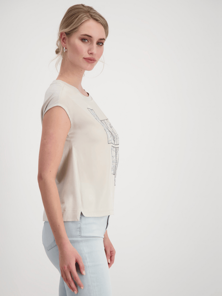 Monari Cap Sleeve Bling Tee in Light Sand Discover the Elegant Monari Collection at Signature of Double Bay, Shop Stylish Knitwear, Dresses, and Tops Online from Sydney's Premier Mature Fashion Boutique