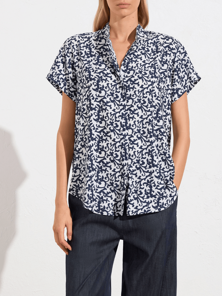 Mela Purdie Soft Stand Shirt in Navy and White Quill Print Stretch Charmeuse 8629 Mela Purdie Stockist Online Australia Signature of Double Bay Tops Dresses Elegant Clothing