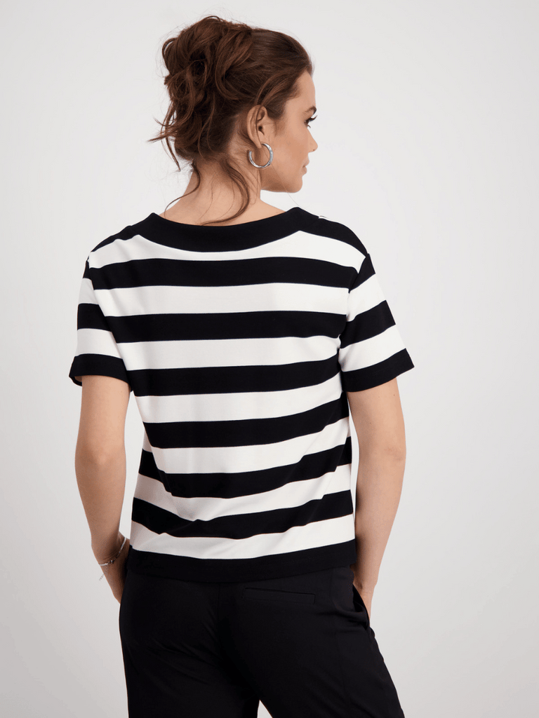 Monari Short Sleeve Tee in Black and Cream Block Stripe Discover the Elegant Monari Collection at Signature of Double Bay, Shop Stylish Knitwear, Dresses, and Tops Online from Sydney's Premier Mature Fashion Boutique