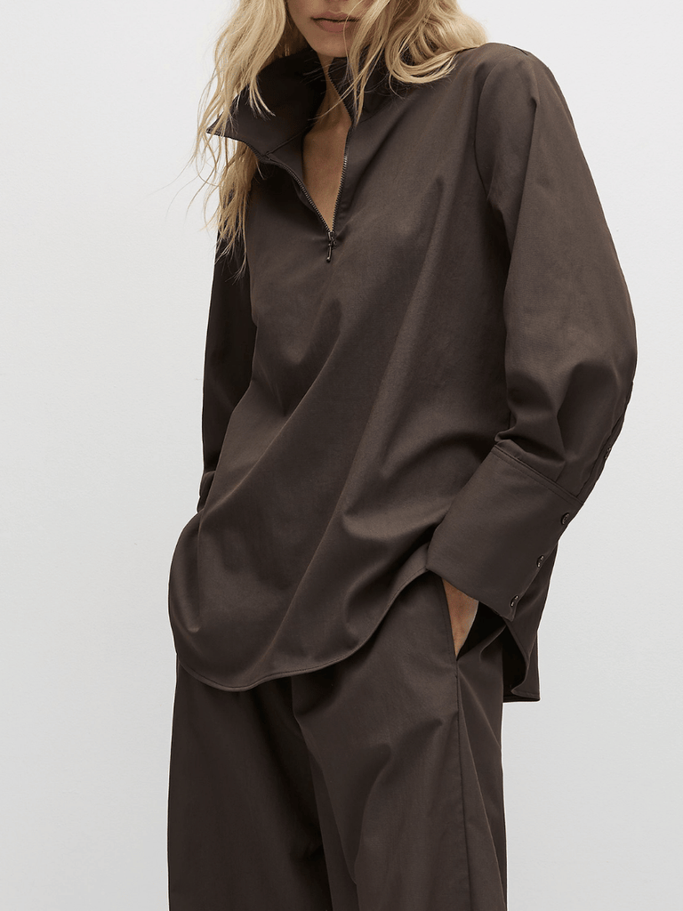 Mela Purdie Half Zip Blouse in Leather Twill 8632 Mela Purdie Stockist Online Australia Signature of Double Bay Tops Dresses Elegant Clothing