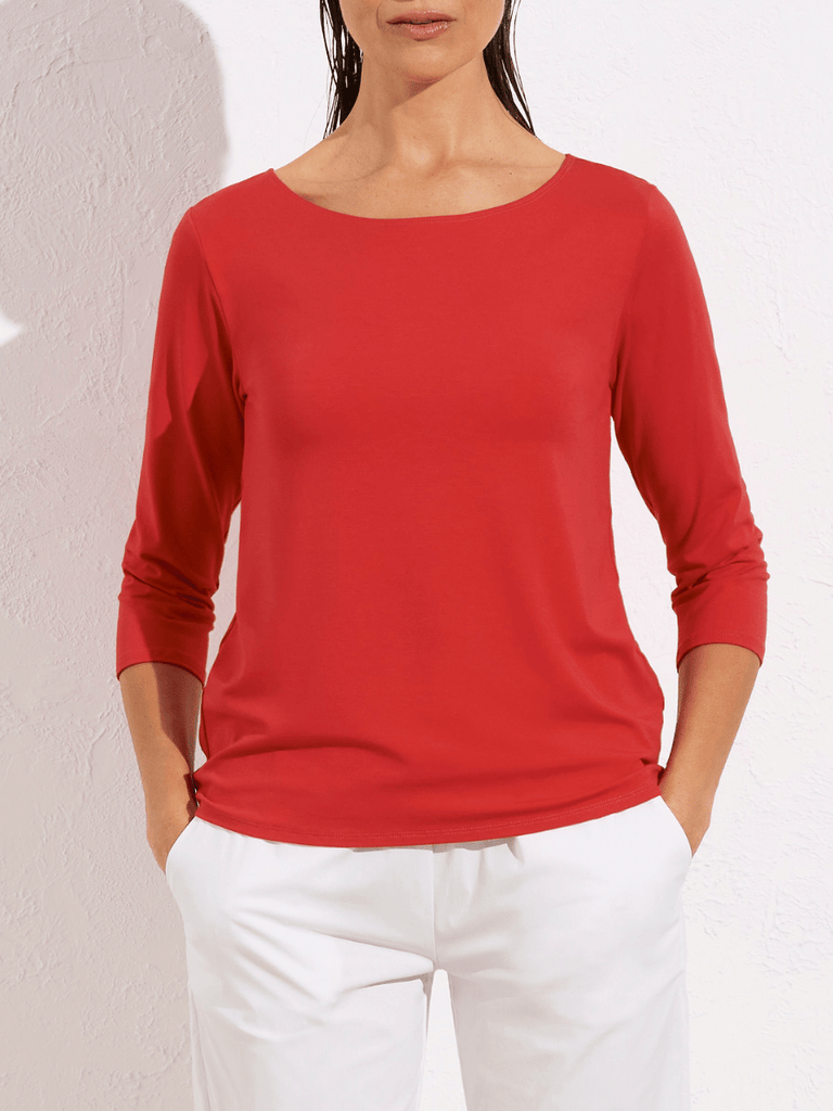 Mela Purdie 3/4 Sleeve Relaxed Boat Neck Top in Poppy Red 2630 Mela Purdie Stockist Online Australia Signature of Double Bay Tops Dresses Elegant Clothing