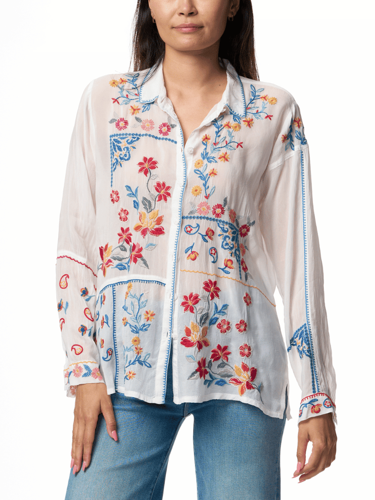 Johnny Was Zodea Button Front Collar Blouse with Floral Embroidery C14124 Shop Johnny Was Stockist Sydney Australia Boho Chic Clothing, Embroidered Dresses, and Unique Tops at Signature of Double Bay