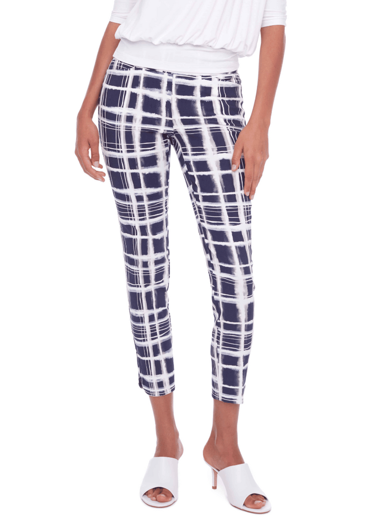 Up! Pants Tummy Control Slim Petal Pant 28" in Greece Print 68026 Blue and white Up Pants Tummy control stockist online Australia flattering body contouring shaping pants high rise waistband signature of double bay Sydney fashion