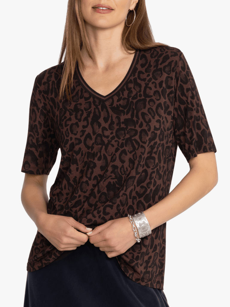 Johnny Was Janie Favorite V-Neck Tee in French Leopard T19824 Shop Johnny Was Stockist Sydney Australia Boho Chic Clothing, Embroidered Dresses, and Unique Tops at Signature of Double Bay