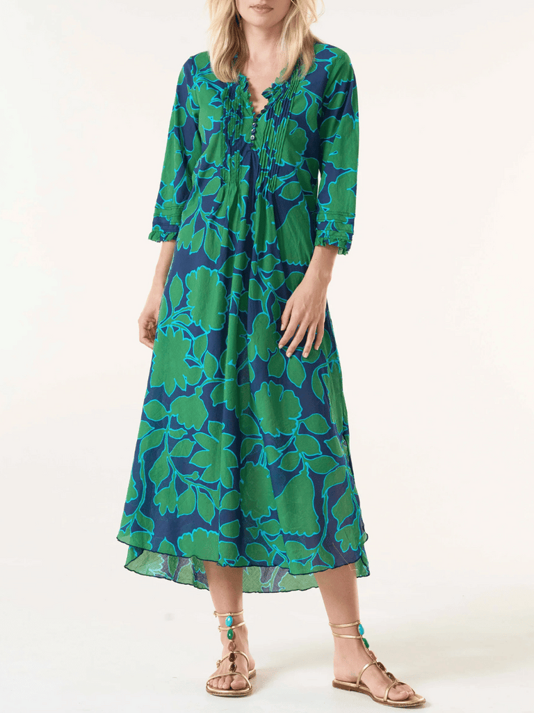 Oneseason Long Poppy Dress in Green Porto Vecchio Print Oneseason One Season lightweight and stylish resort wear Australian fashion label official stockist Signature of Double Bay