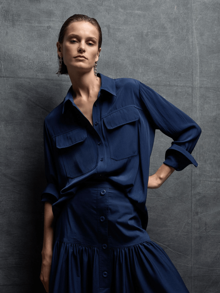 Mela Purdie Trunk Shirt in Sapphire Blue 8564 Mela Purdie Stockist Online Australia Signature of Double Bay Tops Dresses Elegant Clothing