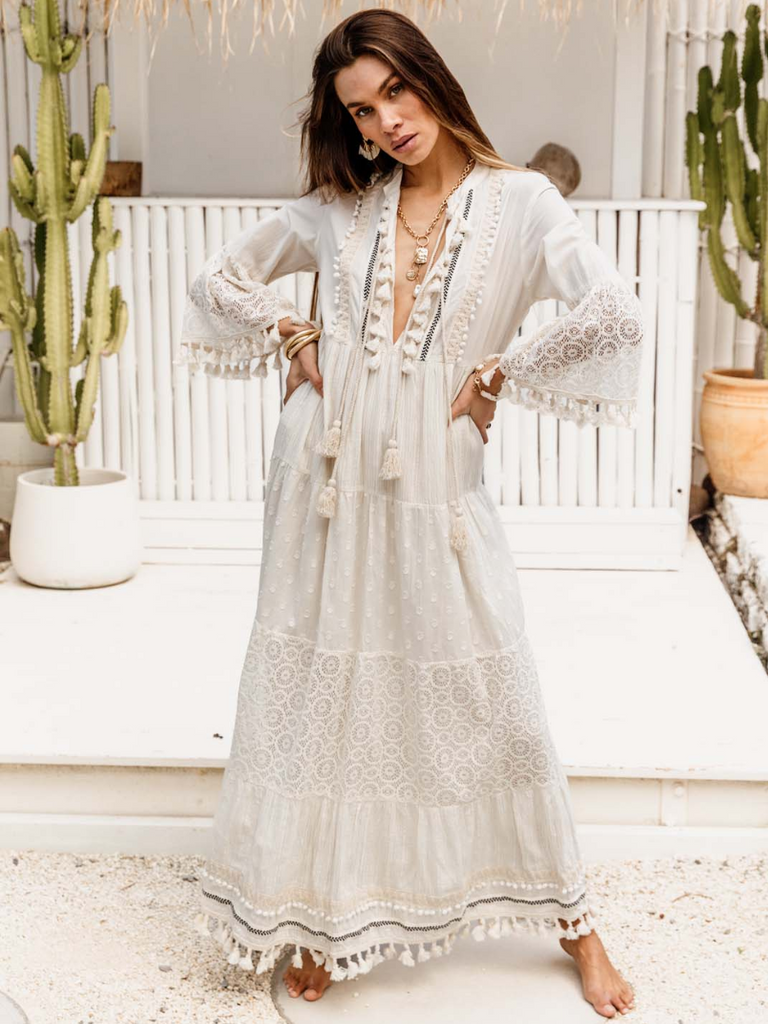 I Am Pylgrym Aasta Maxi Dress in Ecru I Am Pylgrym pilgrim official stockist sydney online Signature of Double Bay in stock womens bohemian coastal clothing bold prints kaftans long dresses