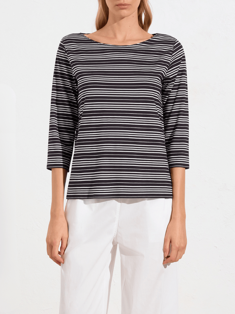 Mela Purdie 3/4 Sleeve Relaxed Boat Neck Top in White and Navy Nautica Stripe 2630 Mela Purdie Stockist Online Australia Signature of Double Bay Tops Dresses Elegant Clothing