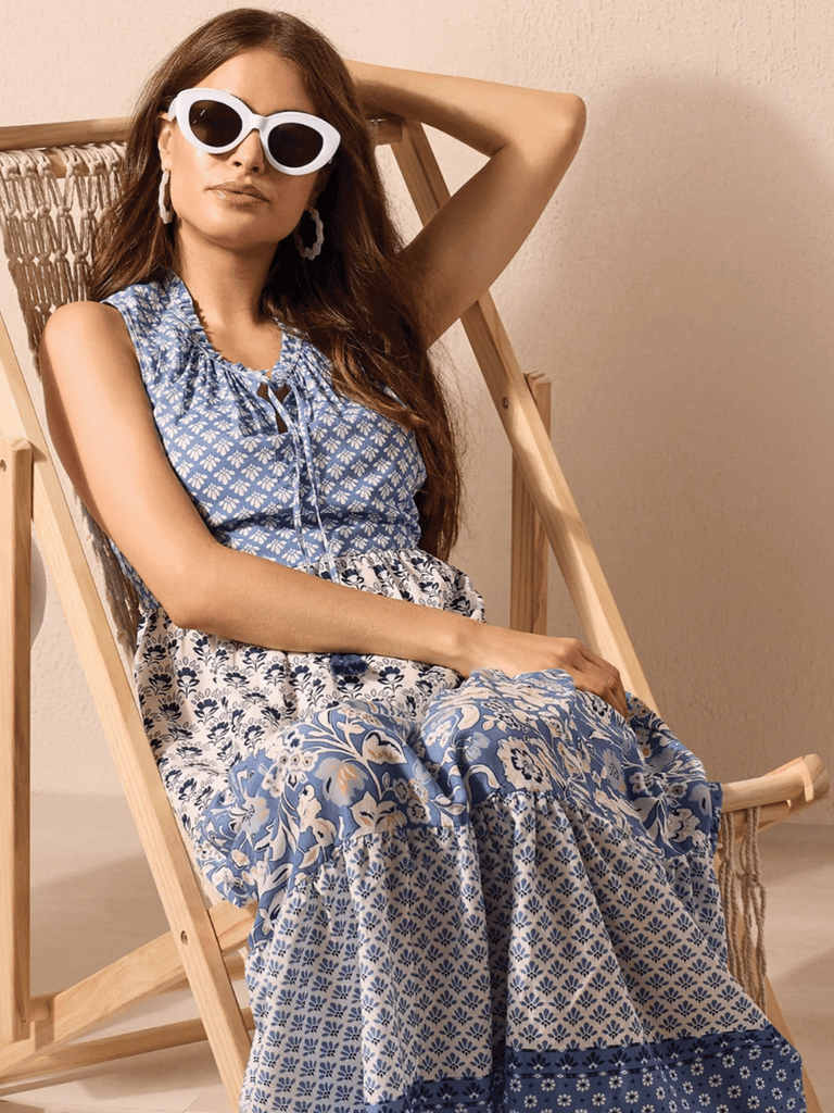 TRIBAL FASHION CANADA V-Neck Sleeveless Maxi Dress in Blue and White Patchwork Print Official Tribal Fashion Canada Stockist Sydney Australia Online Buy Signature of Double Bay