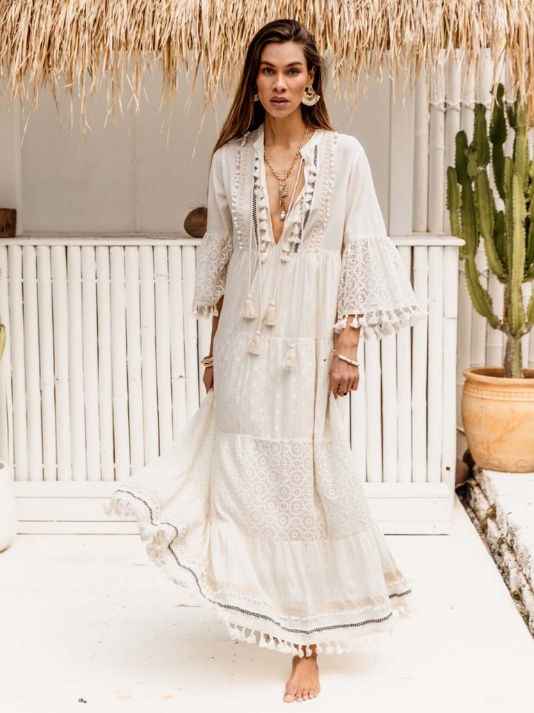 I Am Pylgrym Aasta Maxi Dress in Ecru I Am Pylgrym pilgrim official stockist sydney online Signature of Double Bay in stock womens bohemian coastal clothing bold prints kaftans long dresses