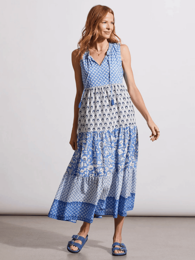 TRIBAL FASHION CANADA V-Neck Sleeveless Maxi Dress in Blue and White Patchwork Print Official Tribal Fashion Canada Stockist Sydney Australia Online Buy Signature of Double Bay