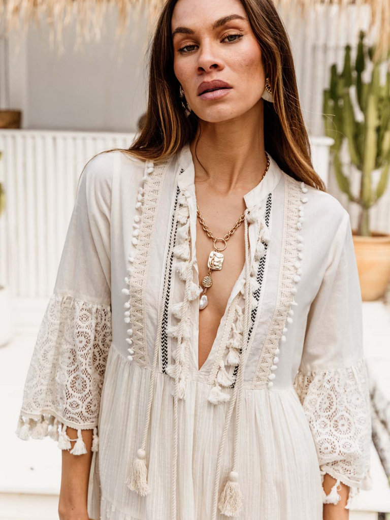 I Am Pylgrym Aasta Maxi Dress in Ecru I Am Pylgrym pilgrim official stockist sydney online Signature of Double Bay in stock womens bohemian coastal clothing bold prints kaftans long dresses