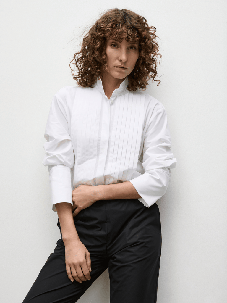 Mela Purdie Powder Tux Shirt in White Chalk White 8650 Mela Purdie Stockist Online Australia Signature of Double Bay Tops Dresses Elegant Clothing