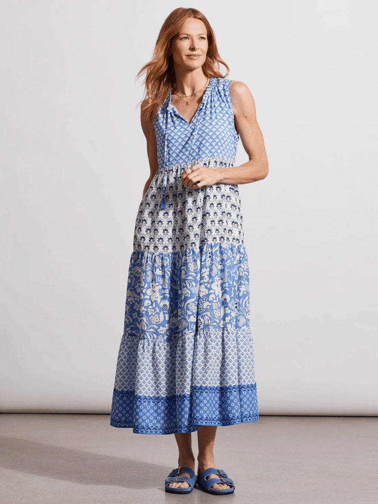 TRIBAL FASHION CANADA V-Neck Sleeveless Maxi Dress in Blue and White Patchwork Print Official Tribal Fashion Canada Stockist Sydney Australia Online Buy Signature of Double Bay